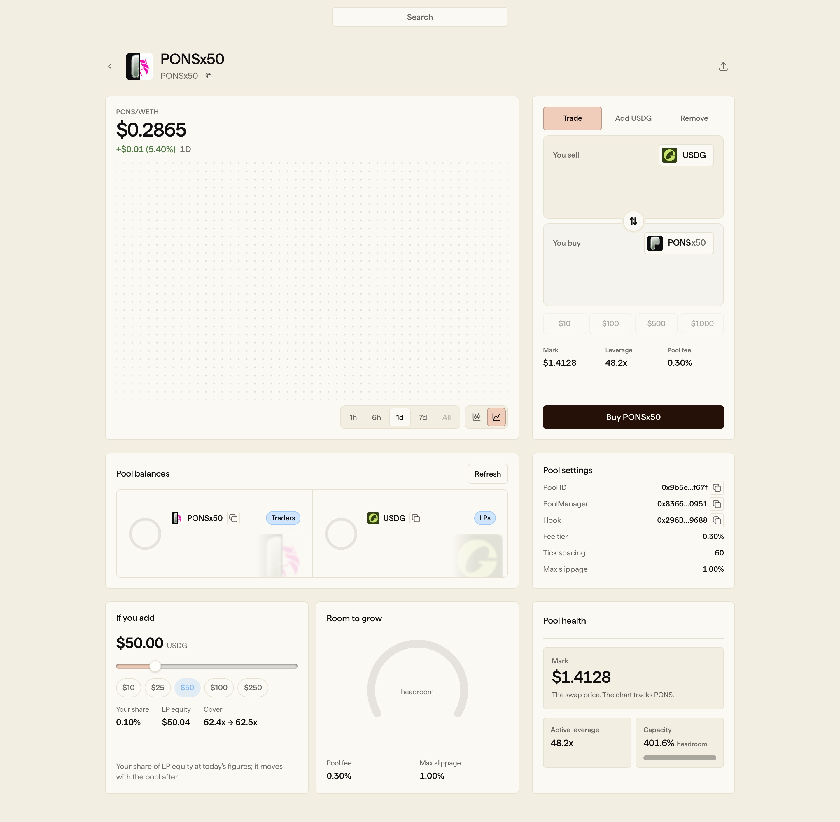 An F-Pool's dashboard in Folio: the PONSx50 pool's chart, trade ticket, pool balances, settings, LP preview, room to grow and health
